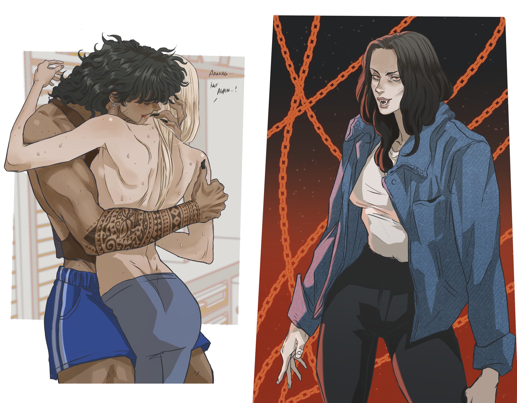 the image shows two separate illustrations. on the left, a couple is in an intimate embrace. one figure, with dark curly hair and tanned skin, has a detailed tattoo on their arm and is wearing a tank top and shorts, seemingly biting the neck of a blonde person. on the right is a vampire with sharp teeth and pale skin, wearing a white shirt, denim jacket, and black pants, standing against a backdrop of orange chains and a dark sky.
