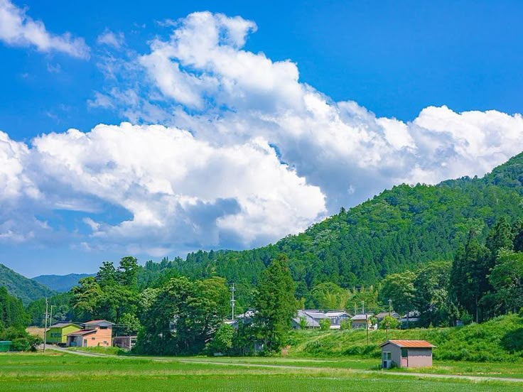 the image showcases a scenic rural landscape with a village nestled among lush greenery. a field of green grass occupies the foreground, leading up to a small shed and clusters of houses in the village. the houses are surrounded by trees and dense vegetation. in the background, rolling mountains covered in a dense forest create a stunning backdrop. the sky is a vibrant blue, dotted with fluffy white clouds, adding to the picturesque and serene atmosphere of the countryside scene.