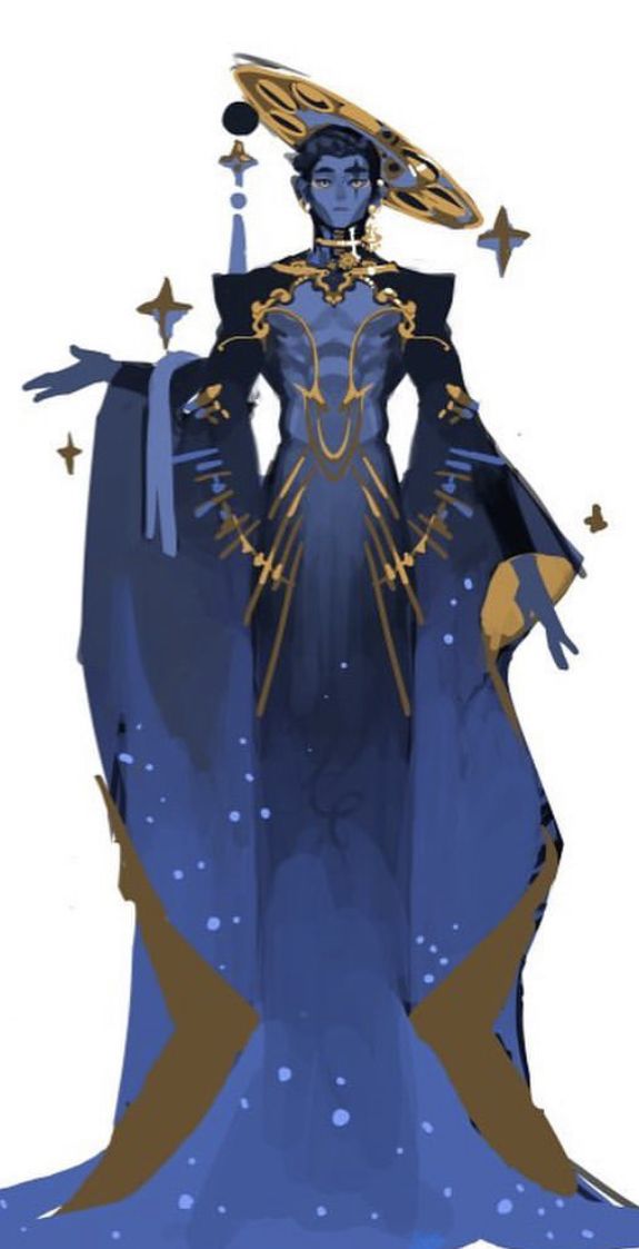 a digital drawing of a male anime character, dressed in blue and gold robes, and a magical hat with star accents, standing on a white background with a blue starstrewn backdrop. the character has blue skin, and is holding his arms, and hands, in an elegant pose. the character looks like a mage or sorcerer.