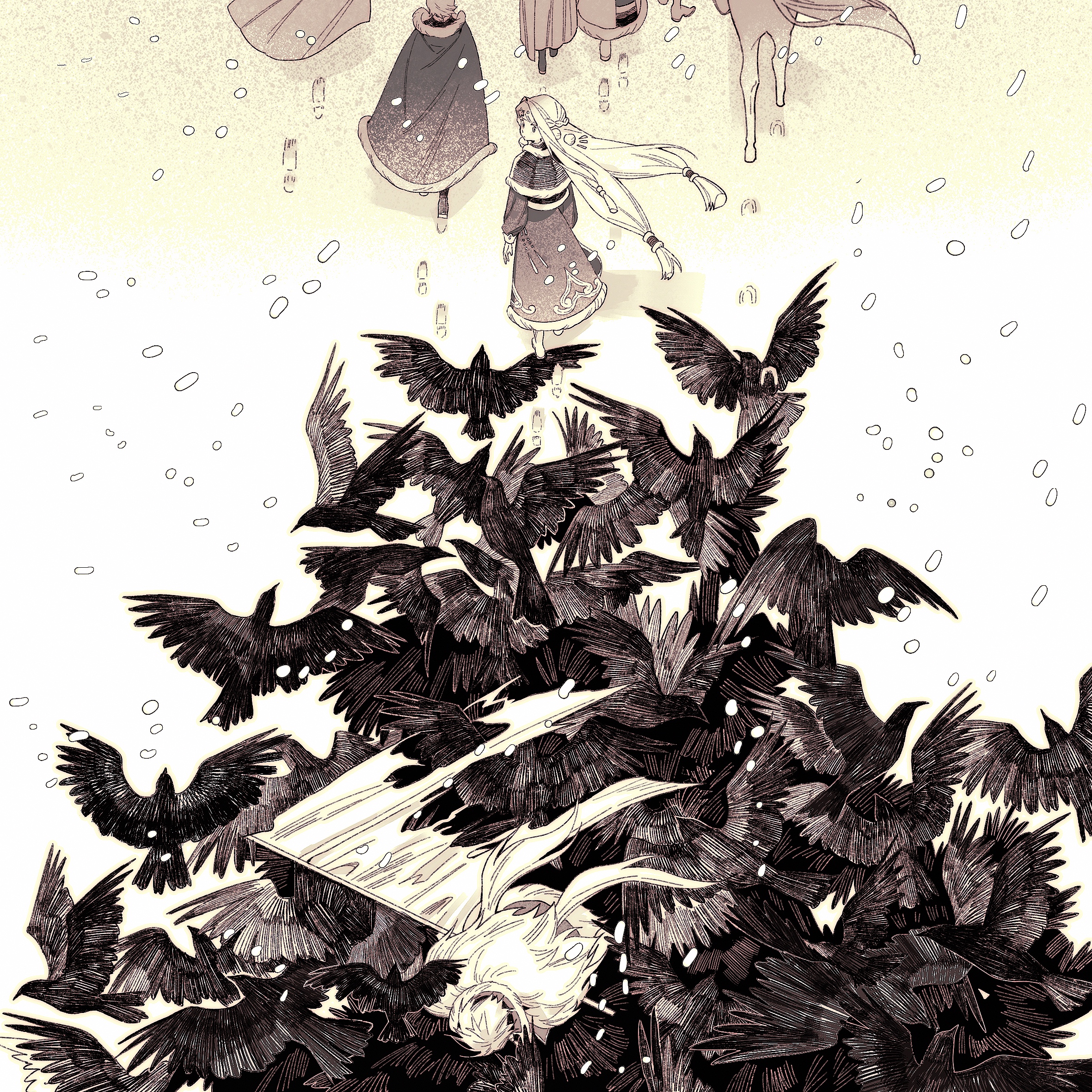a group of people are walking through a snowy forest. as they walk, a flock of crows fly above them, some of the crows are falling to the ground as if being shot from the sky. the forest is full of trees, and the snow is falling all around. there are many little circles in the background that resemble the falling snow. the people are dressed in cloaks and hats.