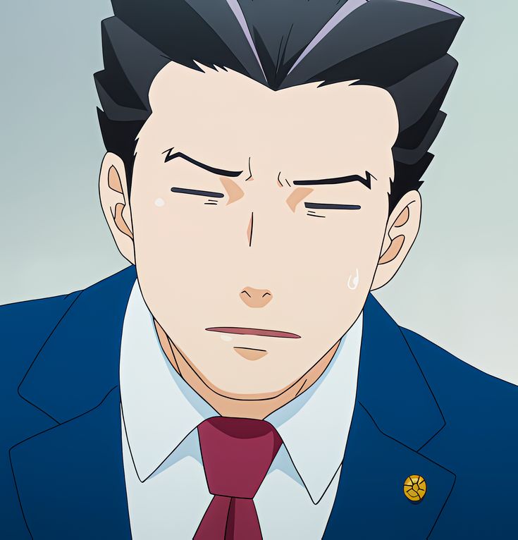 a closeup shot of an anime man in a blue suit, wearing a red tie. he is looking down and has a worried expression. he is sweating and appears to be nervous. the background is a plain white color.