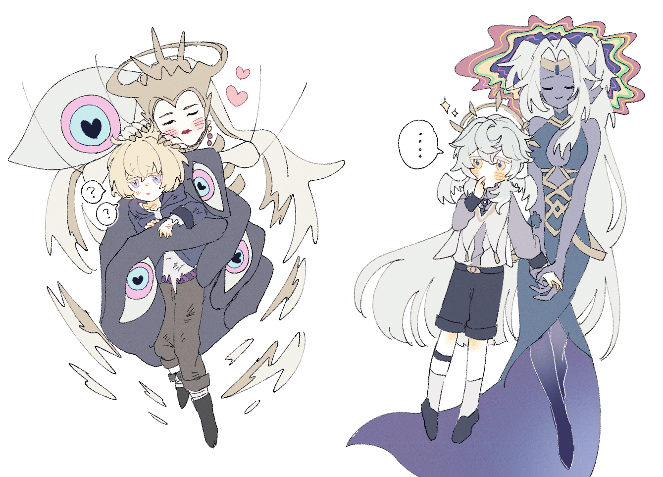 he image contains two panels of fanart illustrations.  the left panel depicts a chibistyle girl with large eyes and angellike wings, affectionately hugging a smaller chibi boy. the girl's design includes butterflylike features and a halo.  heart shapes float between them, suggesting affection.  the right panel shows a chibi boy with angel wings holding hands with a taller, more ethereal, darkhaired woman, suggesting a more somber or mysterious relationship. the overall art style is soft, pastel, and slightly whimsical with a blend of cute and slightly spooky elements.  the linework is loose and sketchy, giving the art a delicate feel.