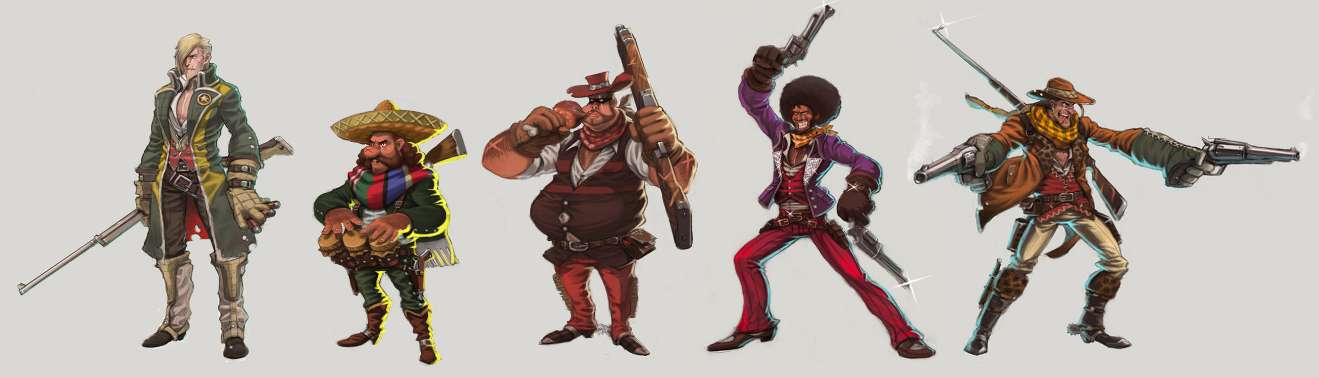 concept art of 5 cowboys standing in various poses with a slight low angle. the first cowboy is dressed in green and gold and holding a rifle, the second cowboy is wearing a sombrero and holding maracas, the third cowboy is a large man with a shotgun strapped to his back, the fourth cowboy is has an afro and is holding a revolver, and the fifth cowboy has dual wielding revolvers.