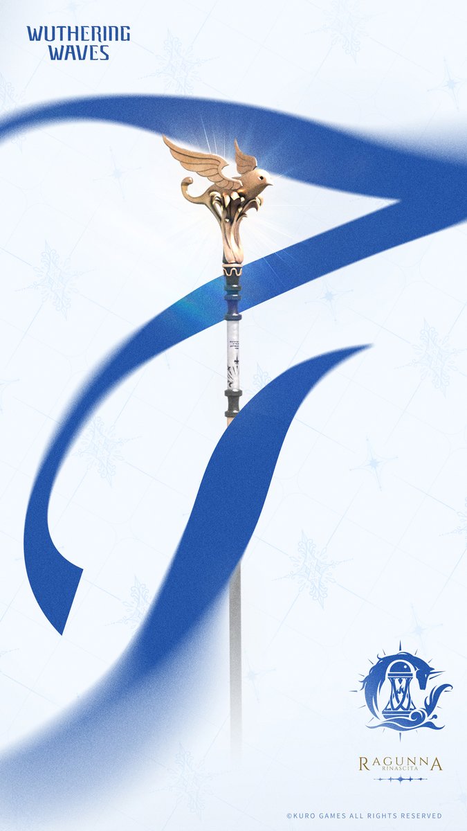the image is a promotional artwork for the video game "wuthering waves," developed by okuro games.  the central element is a stylized staff or scepter topped with a bird figure.  the staff is depicted against a soft white background with a flowing, abstract blue ribbon design. the "ragunna financials" logo is subtly placed towards the bottom, along with copyright information. the overall aesthetic is elegant and suggestive of fantasy. the title "wuthering waves" is displayed prominently at the top.