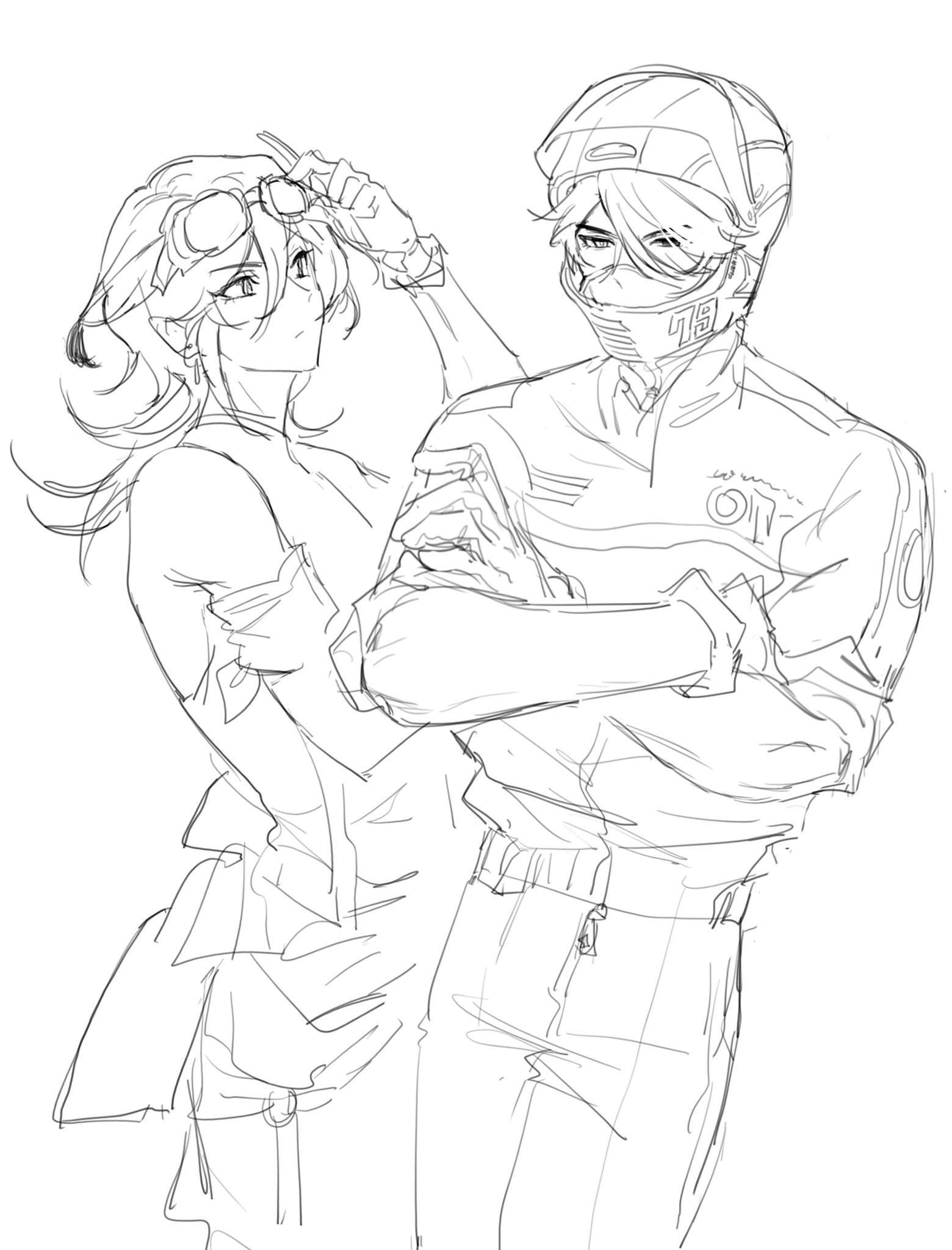 the image is a black and white line drawing or sketch showcasing two animestyle characters.  one character, seemingly female, has long hair, goggles, and is wearing a loose, casual outfit. the other character, appearing male, is wearing a motorcycle helmet and a racingstyle suit.  they are depicted in a close, somewhat intimate embrace or interaction. the drawing style is loose and expressive, using dynamic lines to create movement and emotion. the background is plain and uncluttered, focusing attention solely on the characters. the overall style suggests a quick, informal sketch rather than a finished piece of art.