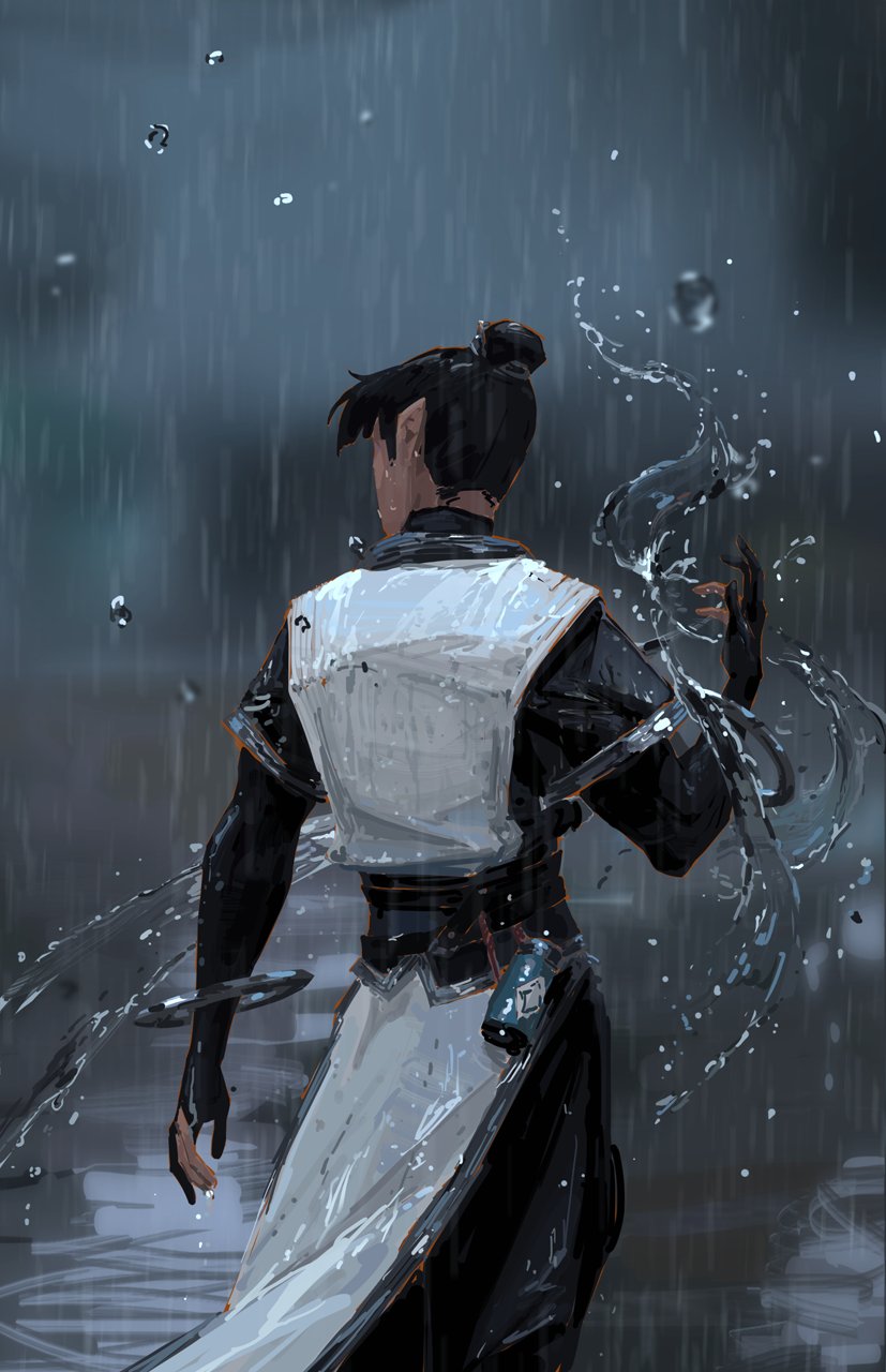 the image is a digital painting depicting a character from the back, standing in heavy rain. the character is wearing a dark robe with a white vestlike garment over it and has dark hair tied up in a bun. water splashes around the character, seemingly manipulated by them, suggesting waterbending abilities or magical control over water. the overall atmosphere is dark, moody, and mysterious. the style is reminiscent of anime or fantasy art, with a focus on atmospheric perspective and painterly brushstrokes. the character appears thoughtful or contemplative, and their back is turned away from the viewer, adding an element of intrigue.