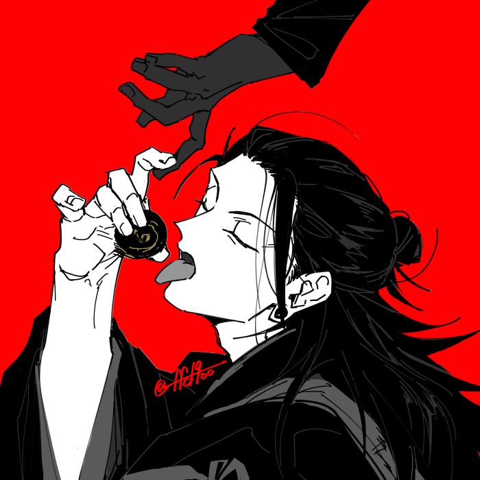 illustration of the character geto suguru from the anime jujutsu kaisen. he is in profile with his tongue out, about to ingest a cursed spirit. another hand is reaching down towards him. the background is solid red. the image is primarily in black and white with some grayscale shading.