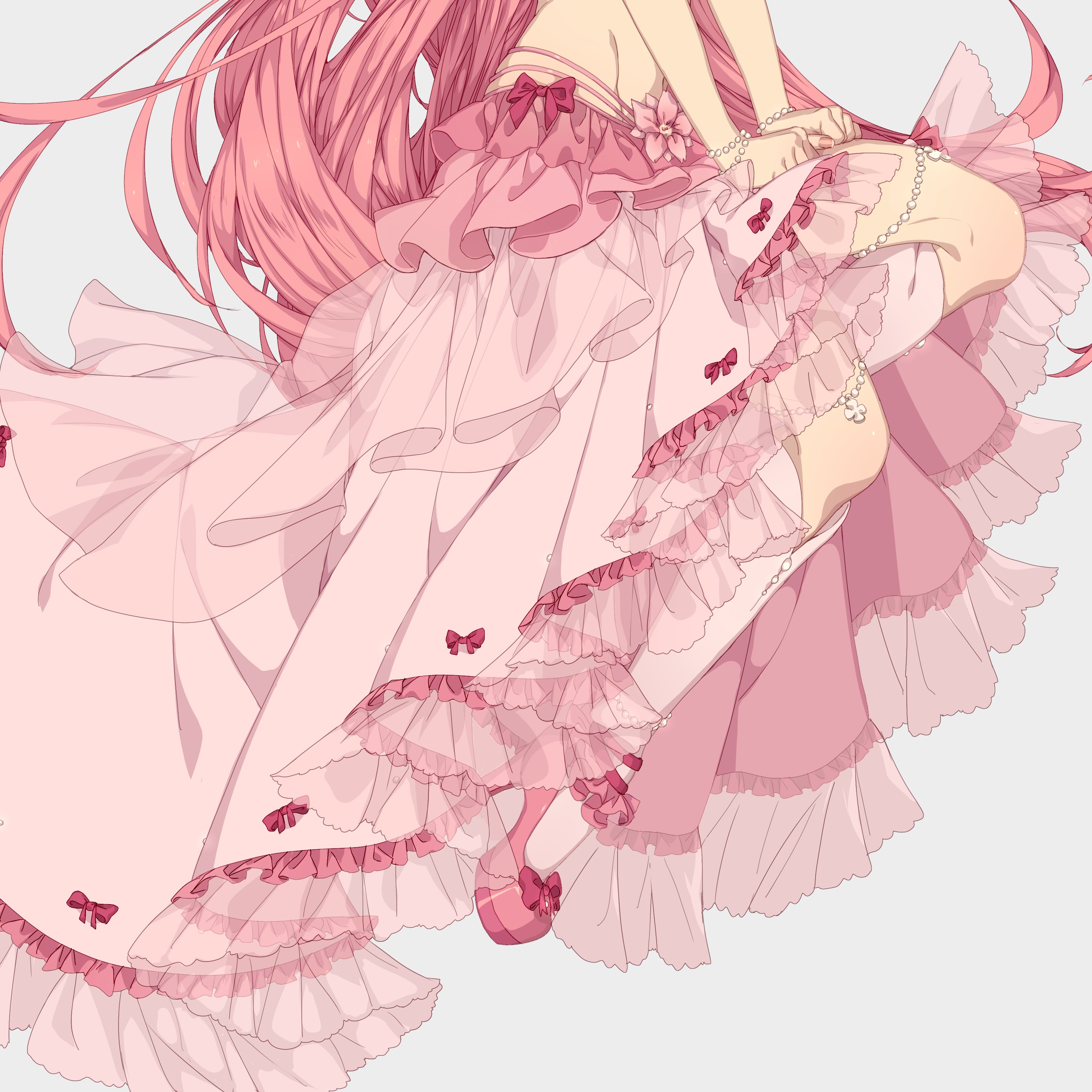 the image shows a beautiful anime girl wearing a pink, frilly dress with lace details. the dress is long and flows around her, and she has long pink hair. she looks delicate and magical. the illustration is drawn in a style that is very cute and whimsical, with soft colors and delicate details.