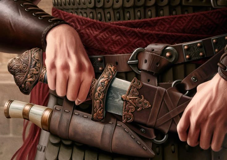 a closeup image shows a warrior with a sword and a dagger. the warrior is wearing armor and a leather belt. the sword is ornate and has a detailed handle. the dagger is in a scabbard attached to the belt. the warrior's hands are holding the sword.