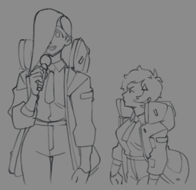 a sketch of two women in casual wear. the woman on the left is holding a microphone and wearing a jacket and a backpack. the woman on the right is standing with her arms crossed. both women are drawn with line art and are in black and white against a grey background.
