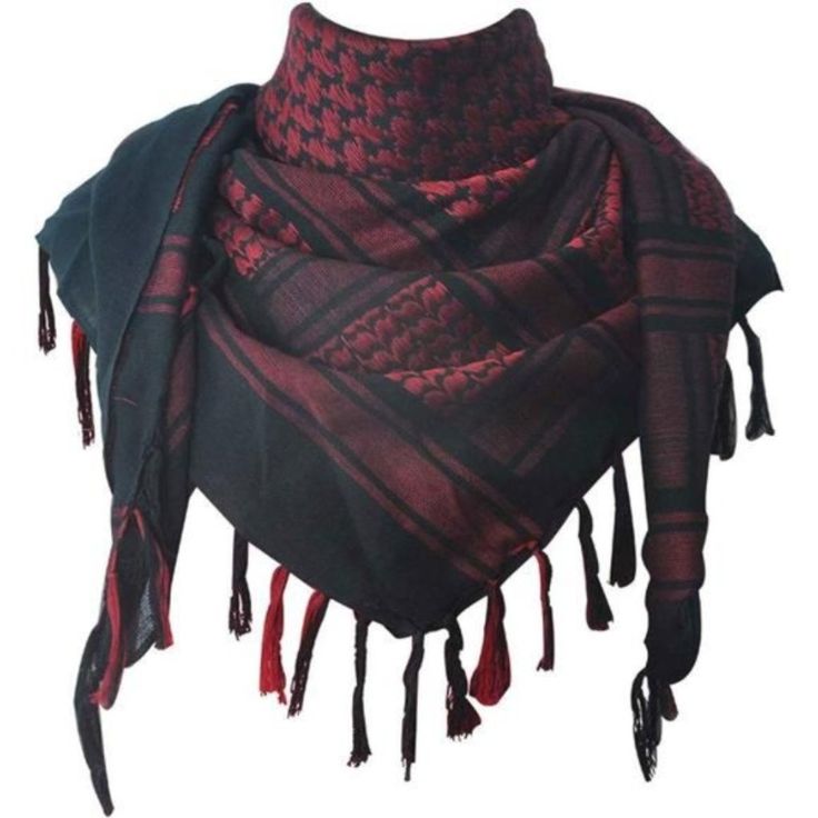 a red and black keffiyeh, a traditional arab headscarf, is shown folded. the keffiyeh has a black background with red stripes and a red pattern of diamonds with smaller diamonds inside. it has a fringe around the edges.