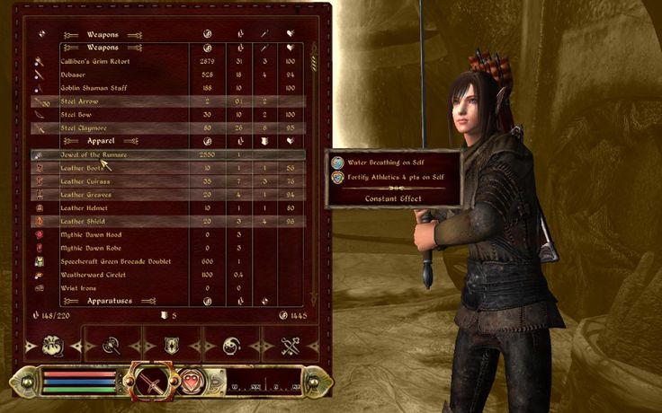 a screenshot from a video game showing the inventory screen of a character. the character is a female elf in leather armor and wielding a sword. the inventory screen is filled with stats about weapons, armor, and other items. the character has equipped a magic item, "water breathing on self", which grants them the ability to breathe underwater.  the game's interface features a medieval fantasy style and the character is designed in a realistic way. the overall appearance of the image suggests a roleplaying game.