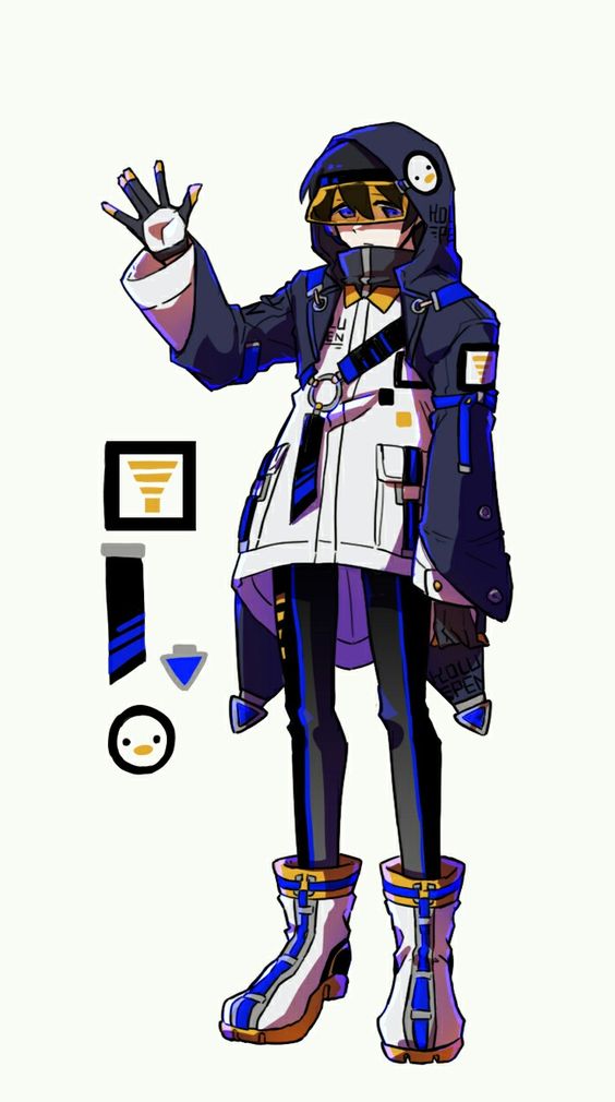 this image showcases a digital illustration of a young man in futuristic attire, possibly a character concept. he strikes a casual pose against a minimalist white background, waving with his right hand. his outfit features a striking combination of blue, white, and yellow, incorporating elements of cyberpunk and techwear styles.  notable details include a hooded jacket with glowing accents, a mask covering his lower face, bulky gloves, and hightop boots. a simplified character sheet accompanies the main figure, displaying a stylized penguin logo and various graphic elements.