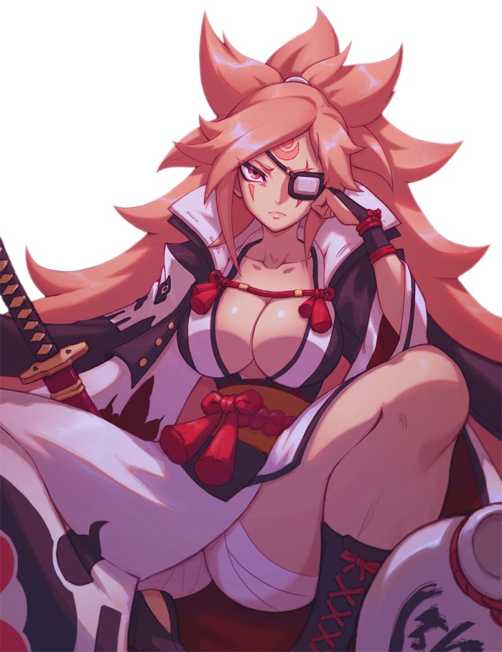 a digital illustration of an anime female character with long pink hair, a white and black kimono, and red accents. she is wearing an eyepatch over her right eye, and is holding a sword in her left hand. the background is a solid white color.