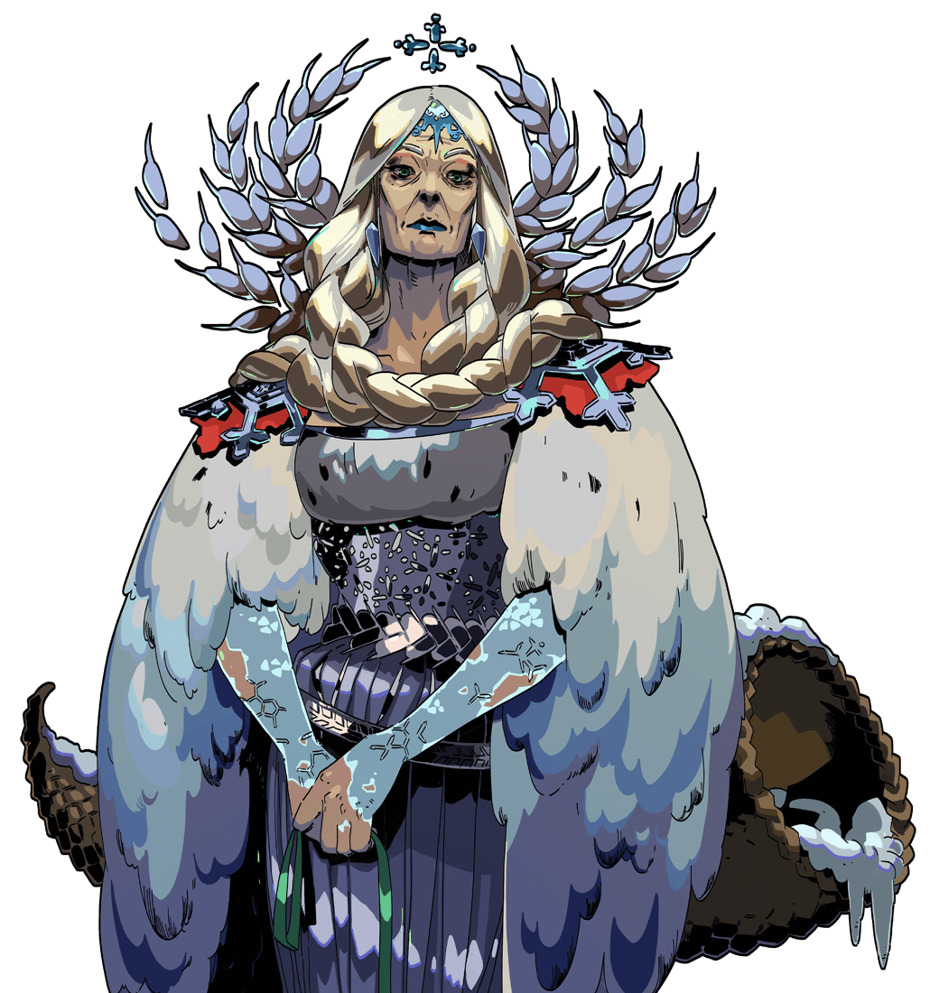 a digital illustration of a woman with white hair in a braided style. she is wearing a long white robe with a blue hue, it has a white icy patterned design. she has a silver crown with a blue jewel and there are icelike designs on her hands. she is standing with her arms crossed in front of her, with the robe flowing around her body.