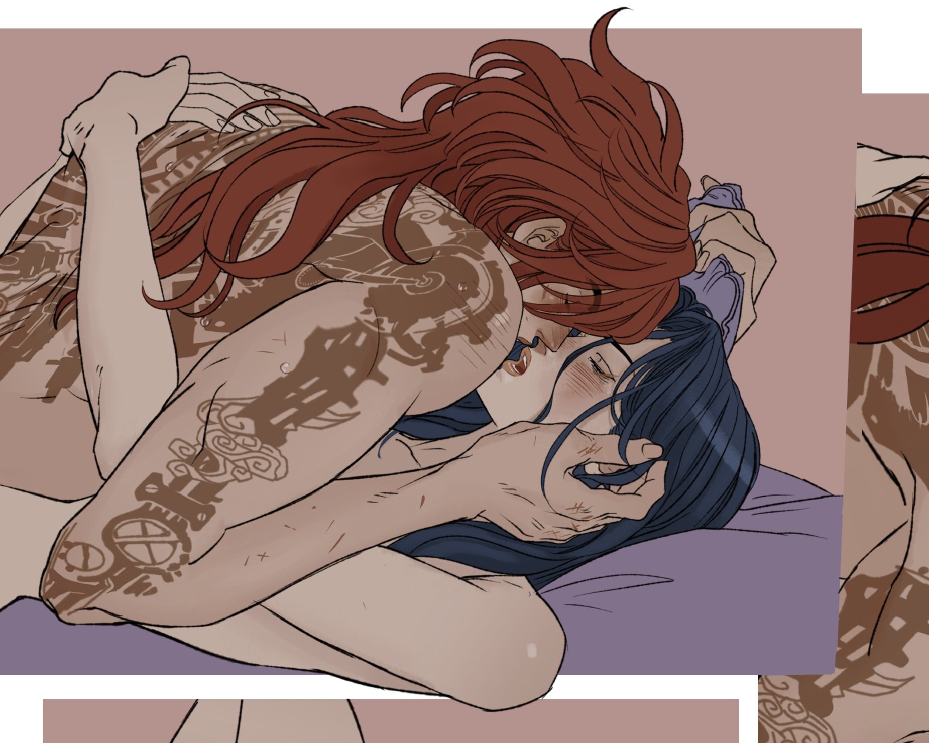 the image shows a couple intimately kissing and embracing in bed. one figure with red hair lies on top of the other figure with dark hair, their bodies intertwined. the figure with red hair has prominent tattoos on their arm and back. they are in a close embrace on a bed with lavender sheets, suggesting a moment of love and intimacy.