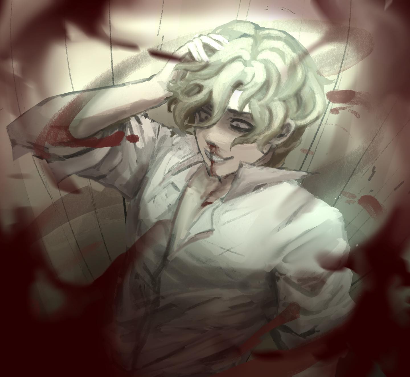 a man in a white shirt is leaning back against a wall with a large gash on his forehead. he is covered in blood. the scene is dark and ominous.