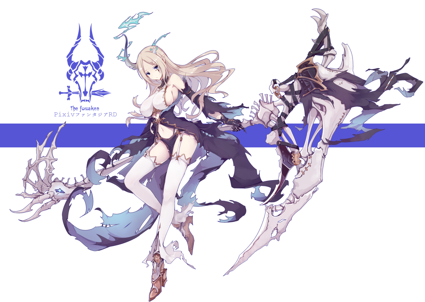a female anime character with long blond hair is drawn standing to the left of the image. she is wearing a white and dark purple dress with a bone skeleton sword on her right side and bone skeleton scythe on her left side. her body is facing the left side of the image. she is wearing long white thighhigh stockings and dark boots.  she has a dark purple flowing dress with a dark purple cape and white gloves with gold trimming. she has a bone skull with horns on her head. the background is white with a light blue line across the middle of the image.