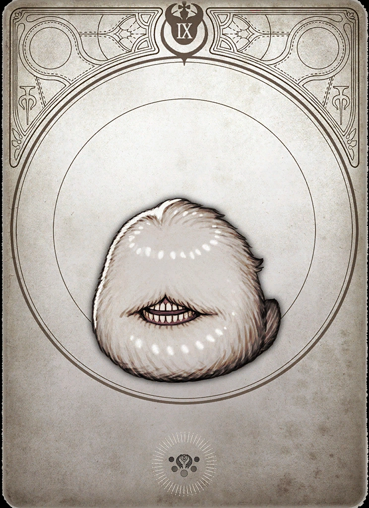 the image is a drawing of a fluffy white creature on an old, slightly yellowed card with a frame design that includes roman numeral "ix" at the top. the creature has a visible mouth with large teeth. the card has a circular design at its center and other decorative elements.