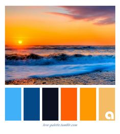 the image is a photograph of a sunset over the ocean. the waves are crashing on the shore, and the sky is a blaze of orange and yellow. there is a color palette below the image, consisting of six colors: light blue, dark blue, dark gray, orange, yellow, and beige.
