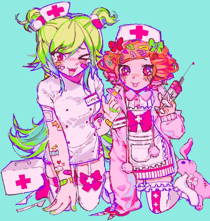 the image is a drawing of two anime girls, one dressed in pink and one in green, both dressed as nurses. they are both smiling and holding medical supplies, including a syringe and bandages. they are standing in front of a white background. the drawing is in a bright, colorful style, and has a kawaii aesthetic.