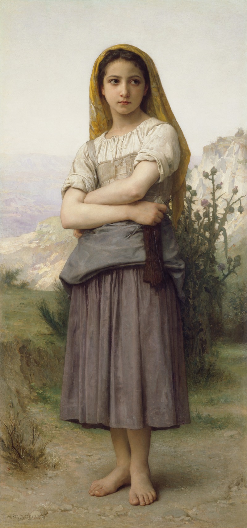 a painting by williamadolphe bouguereau depicts a young peasant girl standing barefoot in a landscape. she wears a white blouse, a gray skirt, and a yellow headscarf. her arms are crossed, and she gazes off to the side with a thoughtful expression. the background features mountains and a thistle plant. the painting is rendered in a realistic style.