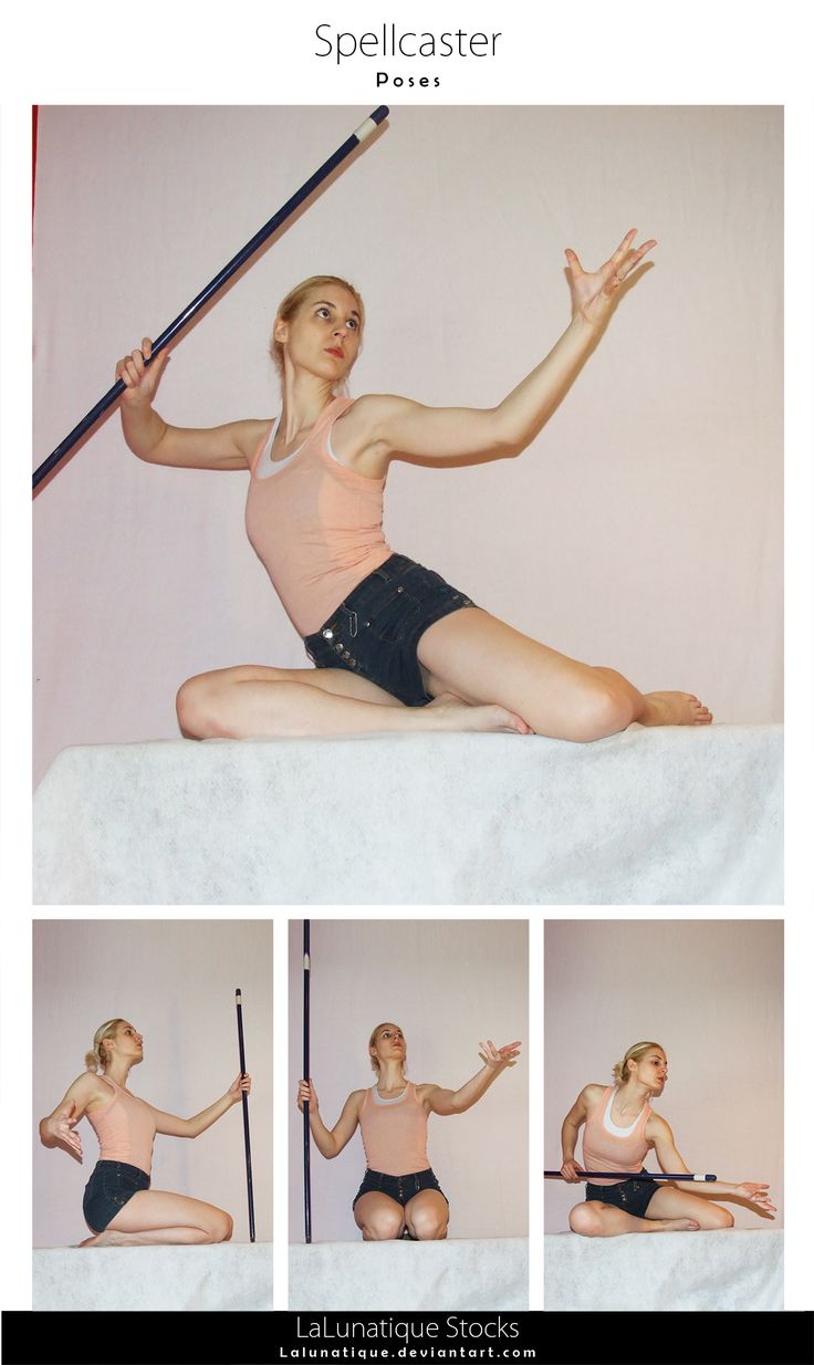 the image contains four different poses of a woman holding a staff. she is wearing a pink tank top and black shorts. the image is titled "spellcaster poses" and is attributed to lalunatique stocks.