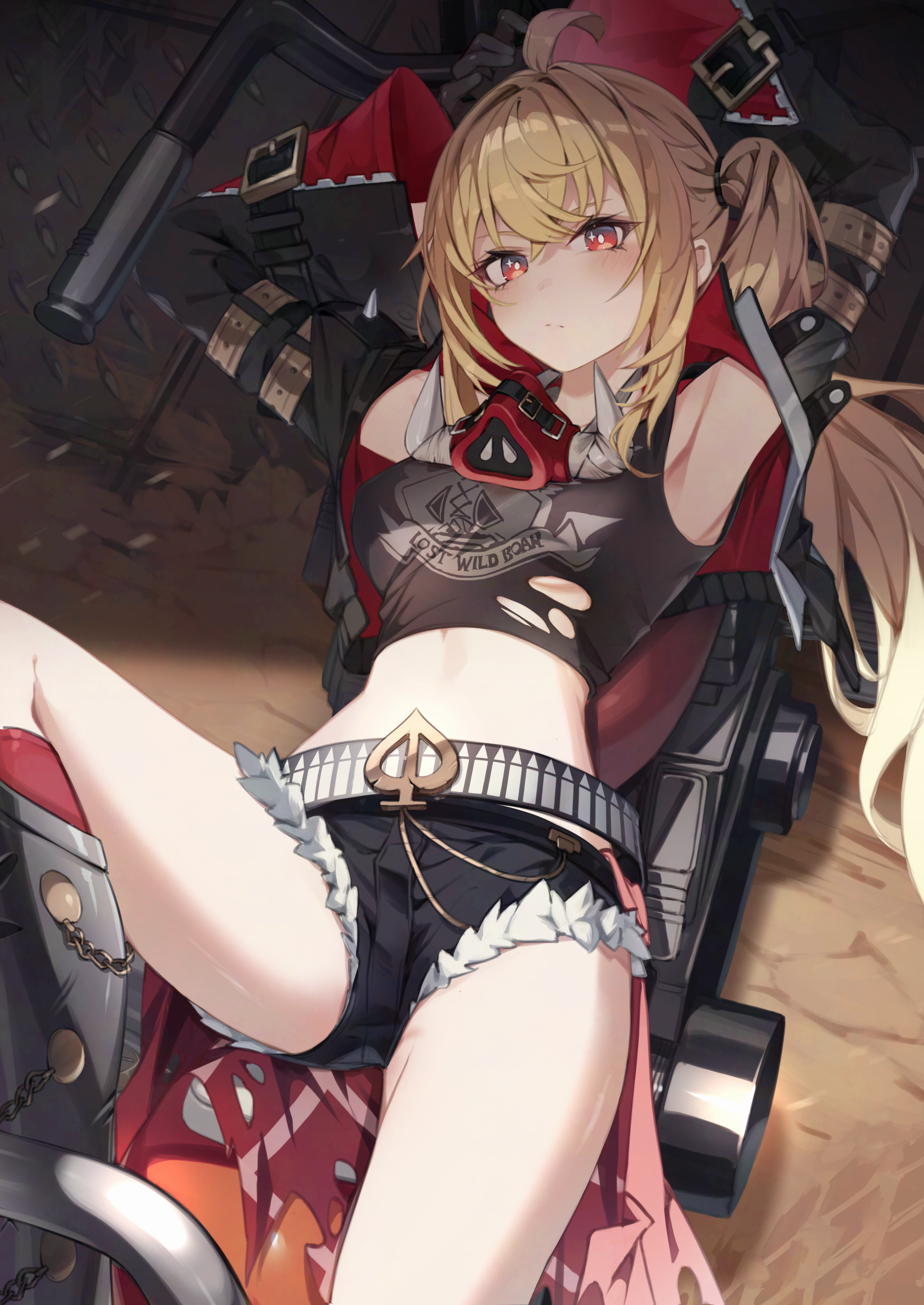 he image is a digital fan art illustration of an animestyle female character. she has long blonde hair styled in a ponytail, and is wearing a red and black outfit consisting of a cropped top with a distressed design, short shorts with a studded belt and a spadeshaped buckle, and fingerless gloves. she's also wearing dark boots and is leaning against what appears to be a motorcycle. her expression is relaxed, and her pose is casual and slightly provocative. the art style is detailed and features vibrant colors. the overall mood is playful and slightly suggestive.