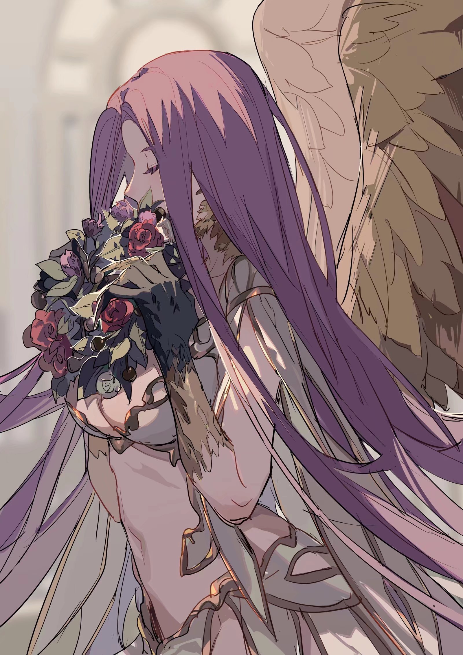 the image shows an animestyle woman with angel wings holding a bouquet of flowers. she has long, flowing purple hair and a white dress with gold accents. her left arm is feathered and has a fur collar. she appears to be smelling the flowers in the bouquet.
