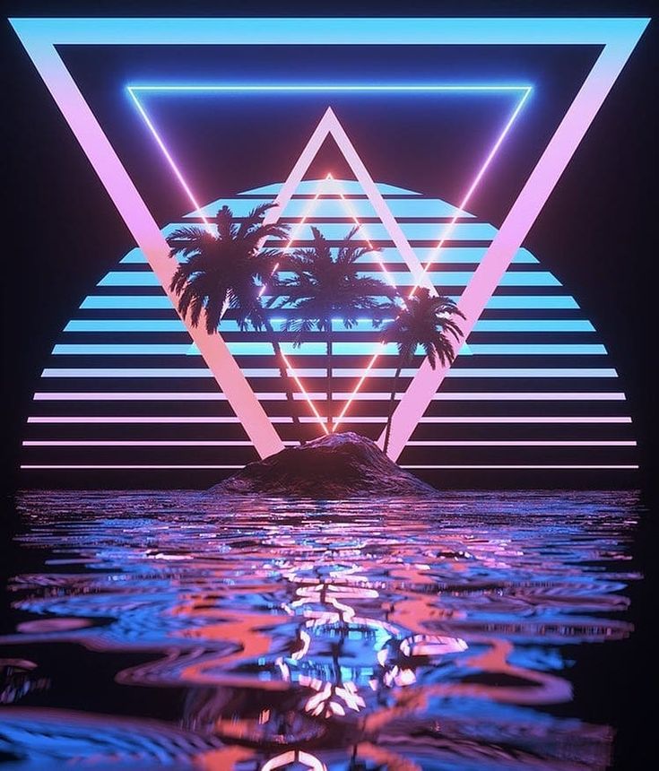 a digital art piece featuring three palm trees with glowing neon triangles behind them, creating a retro synthwave style aesthetic. the sunset is visible in the background, with the ocean below reflecting the neon lights. the image is a blend of digital art and a futuristic 80s vibe.