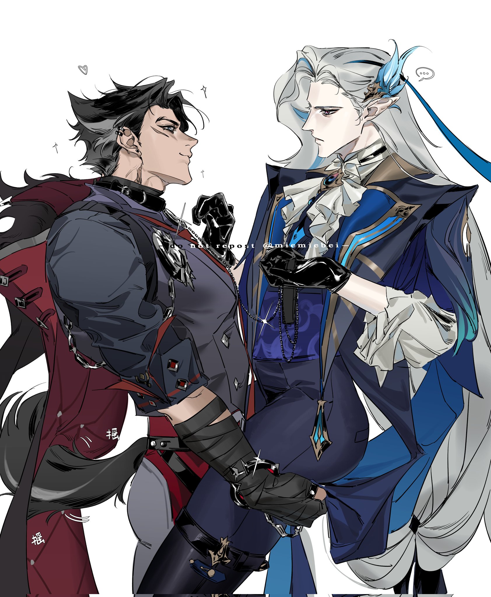 this is an illustration of two male anime characters. the first character on the left has long black hair, is wearing a black suit, and is touching the second character's silver hair and chest. the second character is standing in a white suit with a blue, layered shirt and black gloves, looking off to the side. the background is a white, washedout color with a couple of tiny hearts in the top left corner. the artist's signature is written in the background.  there is a speech bubble with a line of text in the top right corner.  there is also a long tail on the first character that is a dark grey and looks like it is a form of a wolf tail.