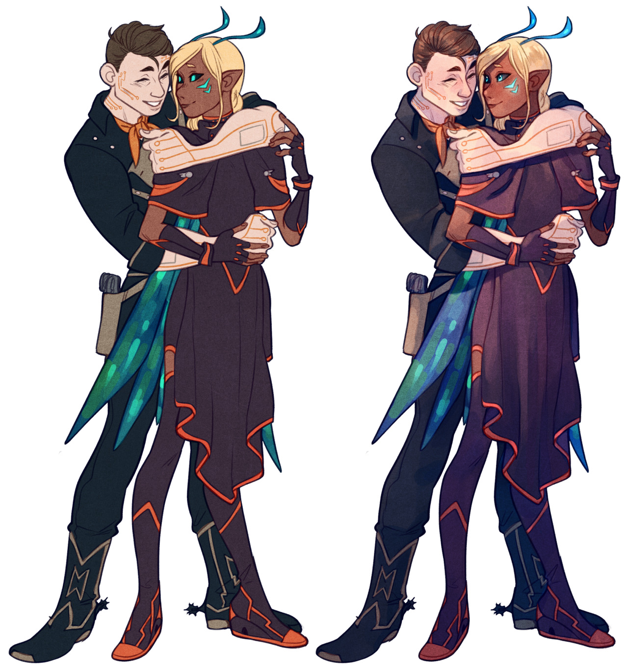 the image showcases two versions of the same illustration, one brighter and one with a darker, more saturated palette. it features a couple embracing, both dressed in stylish, futuristic outfits with hints of a space western aesthetic. the man, with short brown hair and a scar, wears a black jacket, orange scarf, and boots with spurs. the woman, with blonde hair and teal skin, wears a more elaborate outfit with a flowing skirt, leggings, and intricate details. the background is blank white, focusing the attention on the characters and their loving interaction.