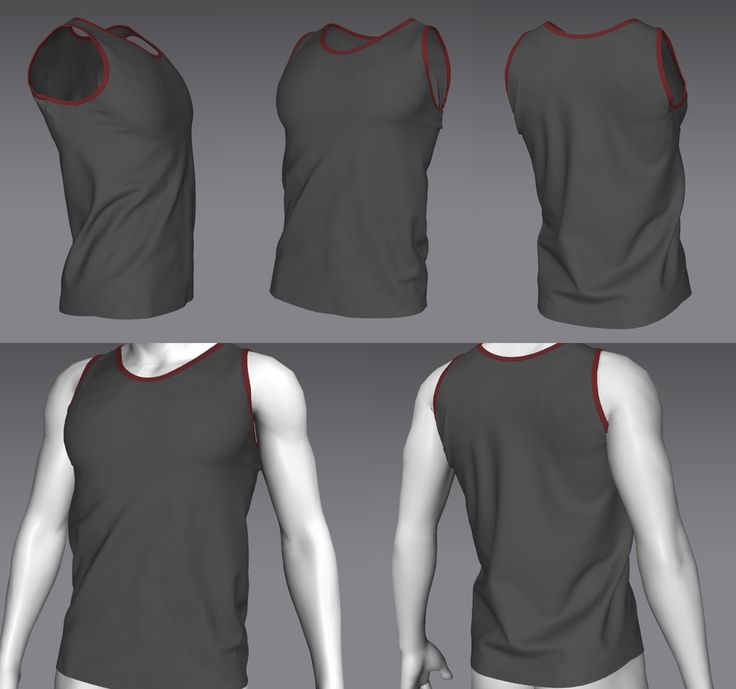 this image shows a 3d model of a men's black sleeveless tank top with red stitching. the tank top is shown from the front, back, and both side views.