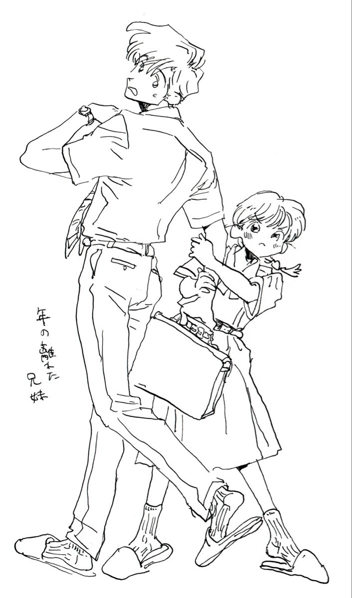 a black and white line art drawing of a young boy and girl walking side by side. the boy is holding the girl's hand and they are both smiling. the boy is wearing a shirt and pants, while the girl is wearing a dress. they are both walking in the same direction.  the drawing is done in a simple style, with minimal detail.