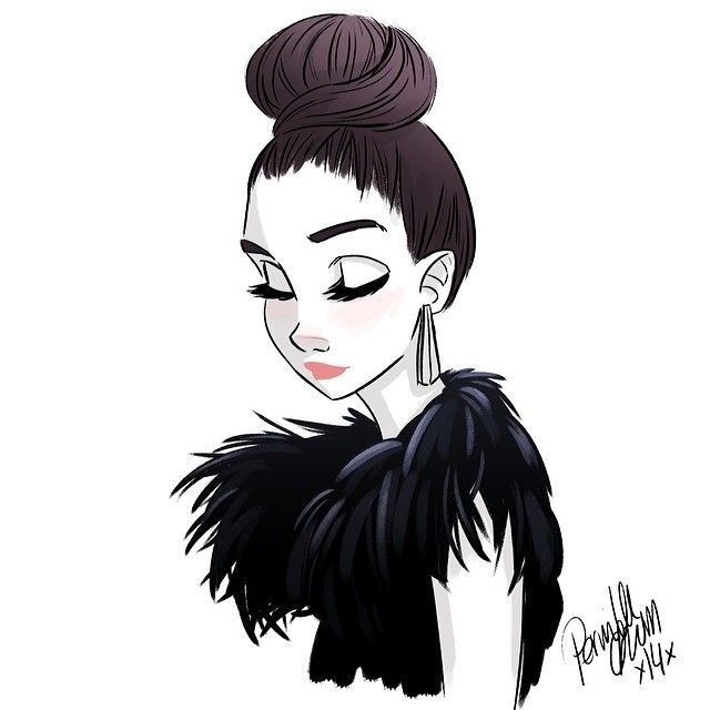 the image is a cartoonstyle illustration of a woman. she has a high bun hairstyle, long eyelashes, and is wearing dangling earrings and a black feather boa. the style is clean and fashionable.