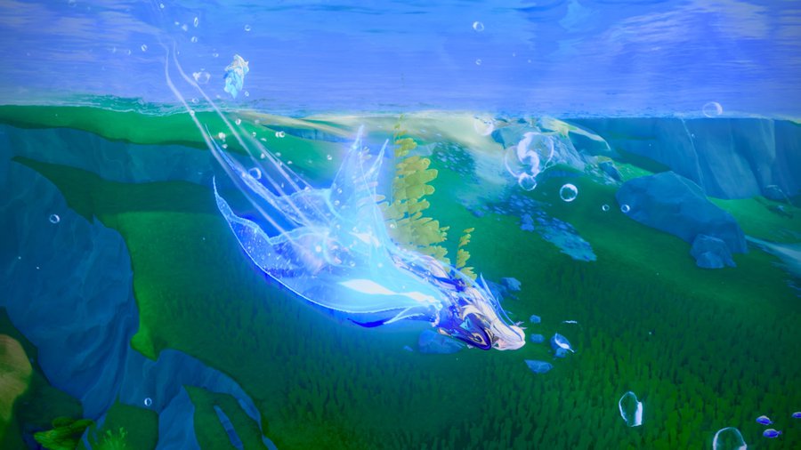 an image from a video game showing a glowing blue, mythical creature swimming underwater. the creature is translucent and has a flowing, almost ethereal quality. the underwater scene is vibrant and colorful, with green plants and seaweed in the background. bubbles rise from the depths, adding to the magical feel. the water is clear, allowing a clear view of the creature and the surrounding environment. the overall atmosphere is fantasylike and surreal.