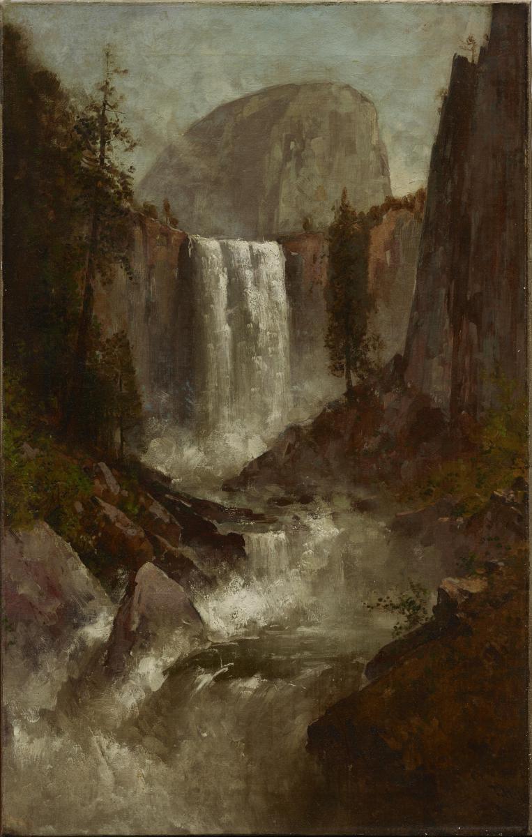 the image is a landscape painting featuring a majestic waterfall cascading down from a rocky cliff face. lush greenery and trees adorn the sides, while towering mountains dominate the background. the painting captures the raw beauty of nature, with the waterfall as the central focal point. the style is reminiscent of traditional landscape art, possibly depicting yosemite. the lighting suggests a bright, daylight scene.