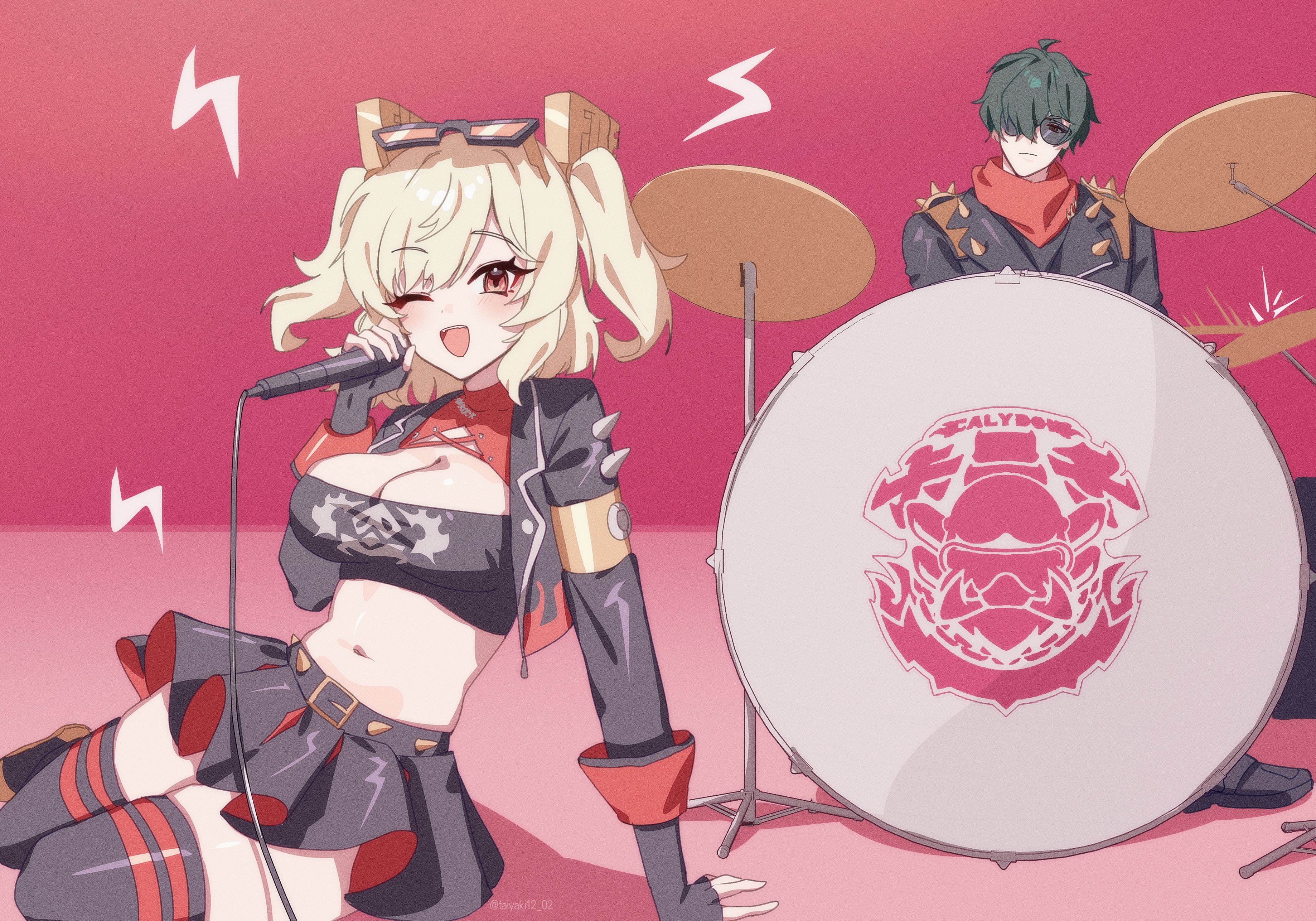 the image is a digital illustration of an animestyle band.  a female vocalist with blonde hair, wearing a revealing punkinspired outfit, is singing into a microphone.  she has catlike ears and sunglasses perched on her head.  behind her, a male drummer with dark green hair is playing a bass drum that features a band logo.  the overall style is vibrant and energetic, with bold colors and dynamic poses. the background is a solid pink.  the scene suggests a live rock or punk performance.