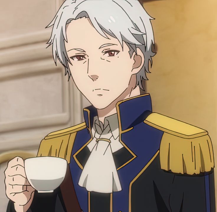 the image is of an anime character. the male character is dressed in a formal blue jacket with gold trim and a white cravat. he has white hair and is holding a cup of tea in his left hand. he appears to be serious and gentlemanly.
