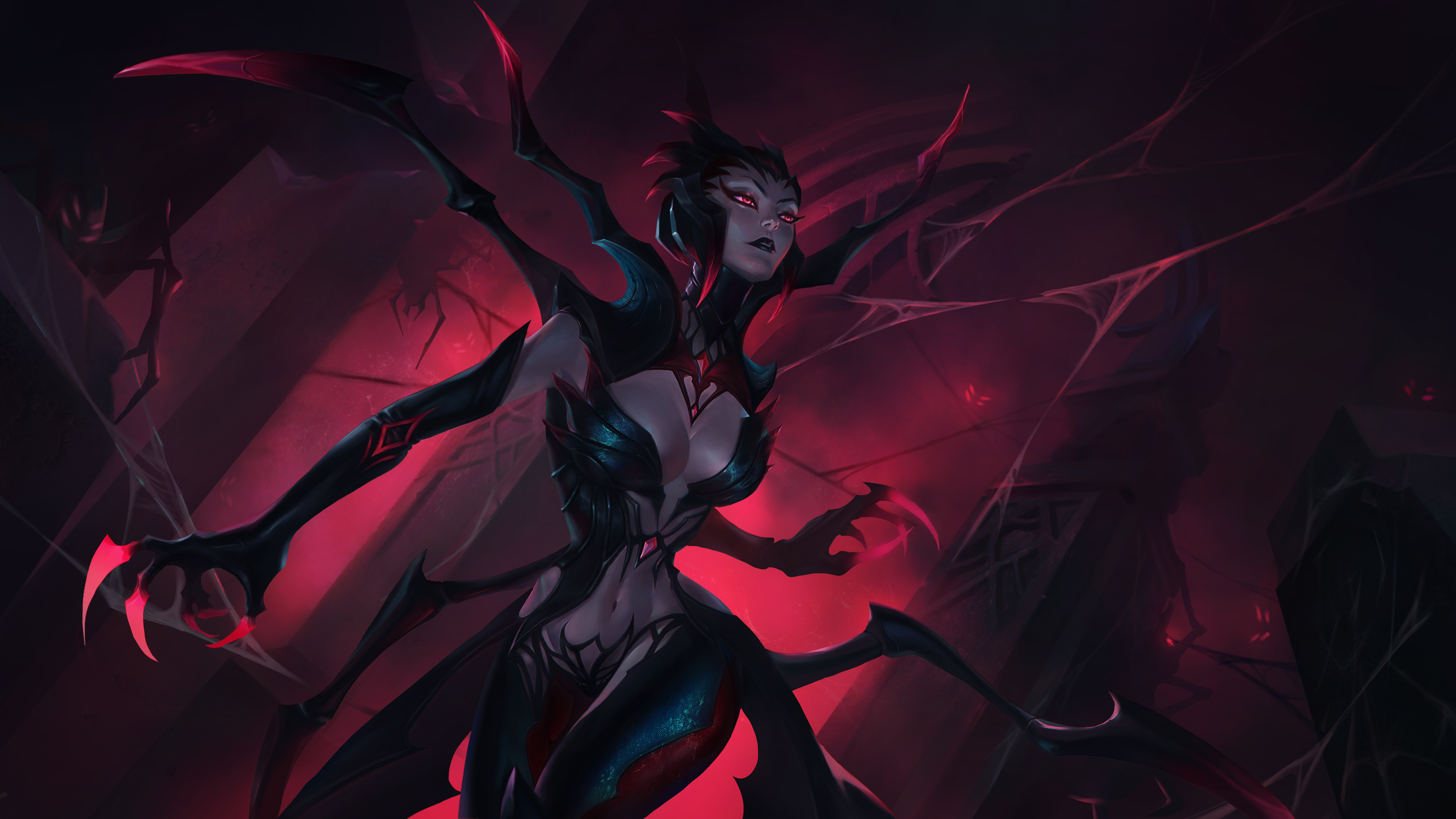 a menacing womanspider hybrid with black scales and red eyes, her claws outstretched and glinting with an ominous glow. she is in a dark, webfilled environment, seemingly ready to strike.  her menacing expression and sharp claws contribute to the image's dark and powerful aesthetic.
