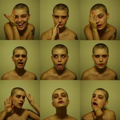 the image is a grid of nine portraits of the same woman against a pale green background.  she is bald and her head is positioned in the center of each frame. her expression and the position of her hands change in each portrait, showcasing a variety of emotions. the lighting appears artificial and casts subtle shadows on her face.