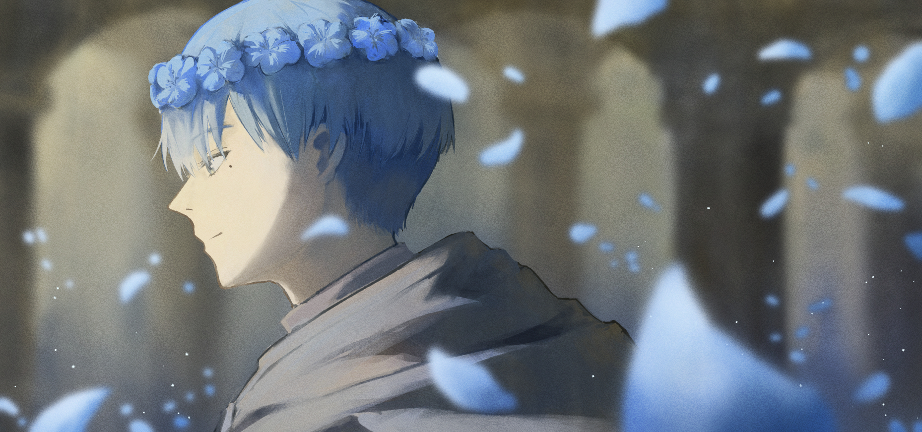 this image showcases a young man with light blue hair wearing a crown of blue flowers. he is depicted in profile, his face turned slightly towards the viewer with a gentle smile. blue petals are falling around him, creating a sense of tranquility and beauty. the background suggests a temple or an outdoor space with architectural elements, rendered in soft, muted tones. the overall atmosphere is one of serenity and ethereal charm, enhanced by the soft backlighting that illuminates the subject.