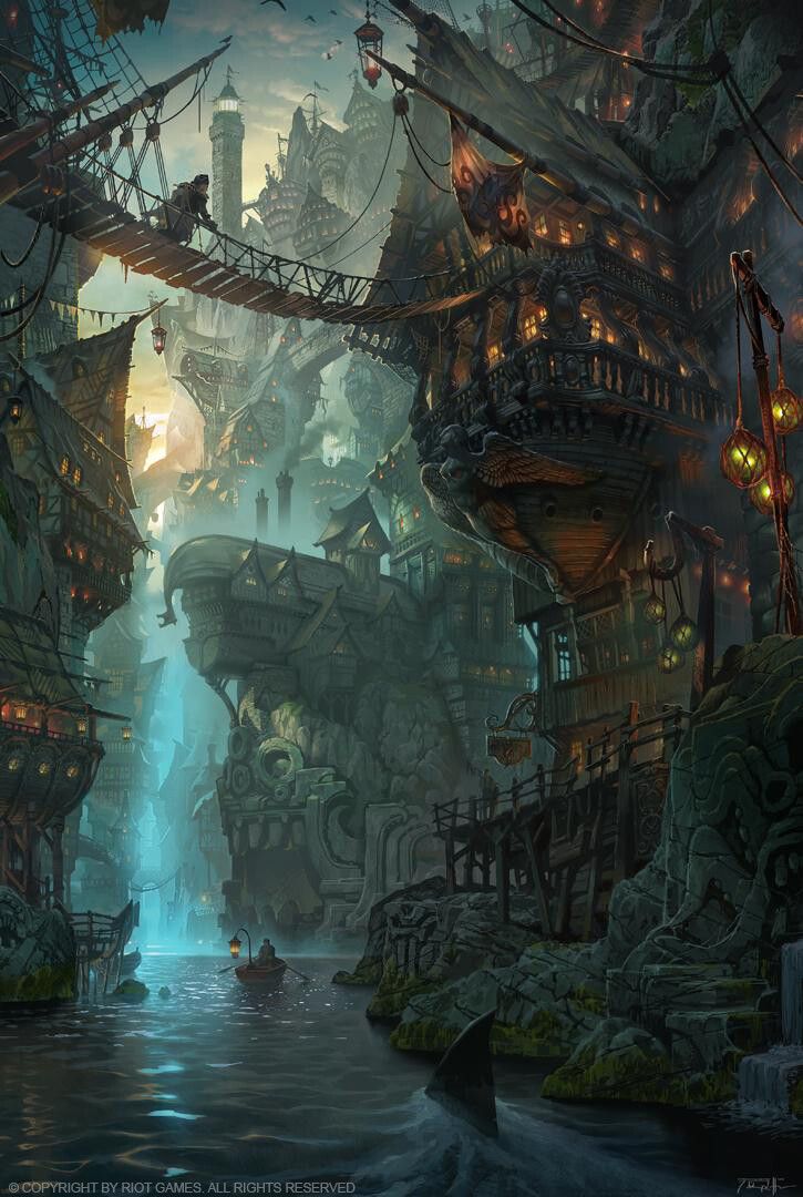 the image depicts a fantastical harbor city built on cliffsides and waterways. buildings, some resembling ships, are perched precariously on the cliffs, connected by rickety wooden bridges. a small boat with a boatman navigates the water below, and a shark fin breaks the surface nearby. the city is illuminated by lanterns and appears to be shrouded in dusk or twilight. the architecture is intricate and detailed, suggesting a bustling settlement within a fantasy setting.