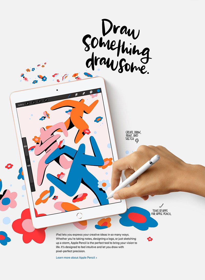 the image features an ipad with a hand holding an apple pencil and drawing on the screen. the screen displays a colorful abstract design. the image is set against a white background and includes the text "draw something drawsome." the text "create, draw, print, and sketch" is also included, suggesting the many creative possibilities offered by the ipad and apple pencil. the image is a promotional image for the apple pencil, highlighting its capabilities for drawing and design.
