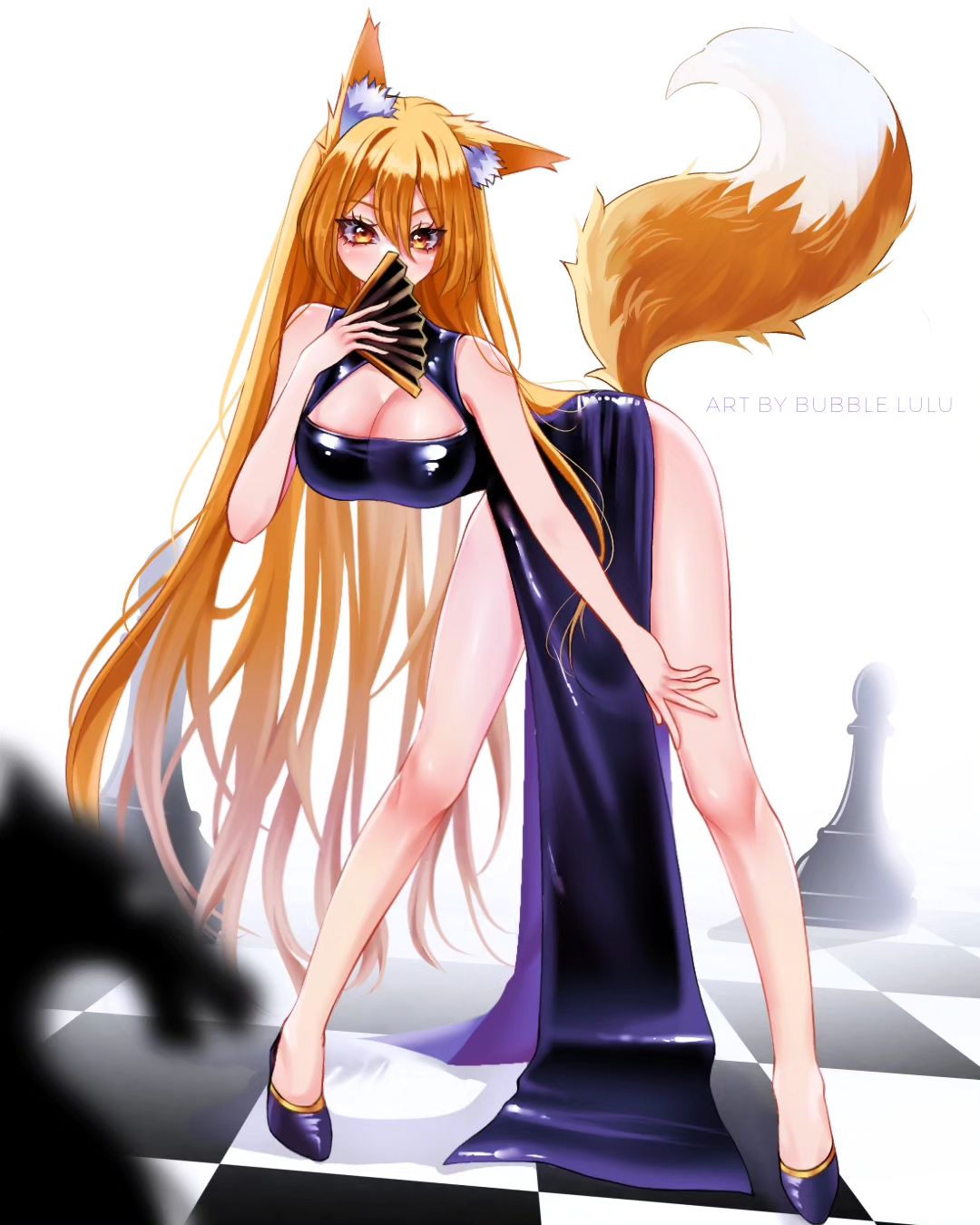 an animestyle girl with long blonde hair and a fox tail is standing on a chessboard. she is wearing a purple dress and holding a fan to her face. she has a playful and alluring expression. the art is highly detailed and vibrant, with a focus on the girl's beauty and charm. the overall mood is whimsical and romantic.