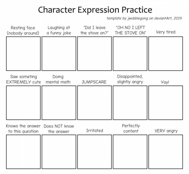 it's a blank comic page with 15 panels. each panel has an emotion written above it that should be reflected in the comic. this page is meant to be printed and drawn on.