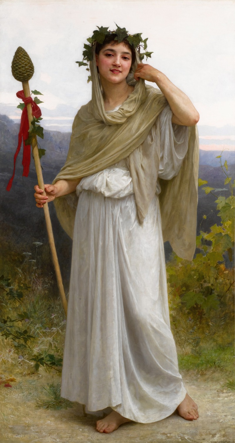 a fulllength painting by williamadolphe bouguereau depicts a young woman, identified as a bacchante, standing outdoors. she wears a long, flowing white dress and a draped shawl or scarf. her hair is adorned with a wreath of ivy. she holds a wooden staff topped with a pine cone, and a red ribbon is tied around the staff. the woman is barefoot. the background shows a landscape with foliage and distant hills.