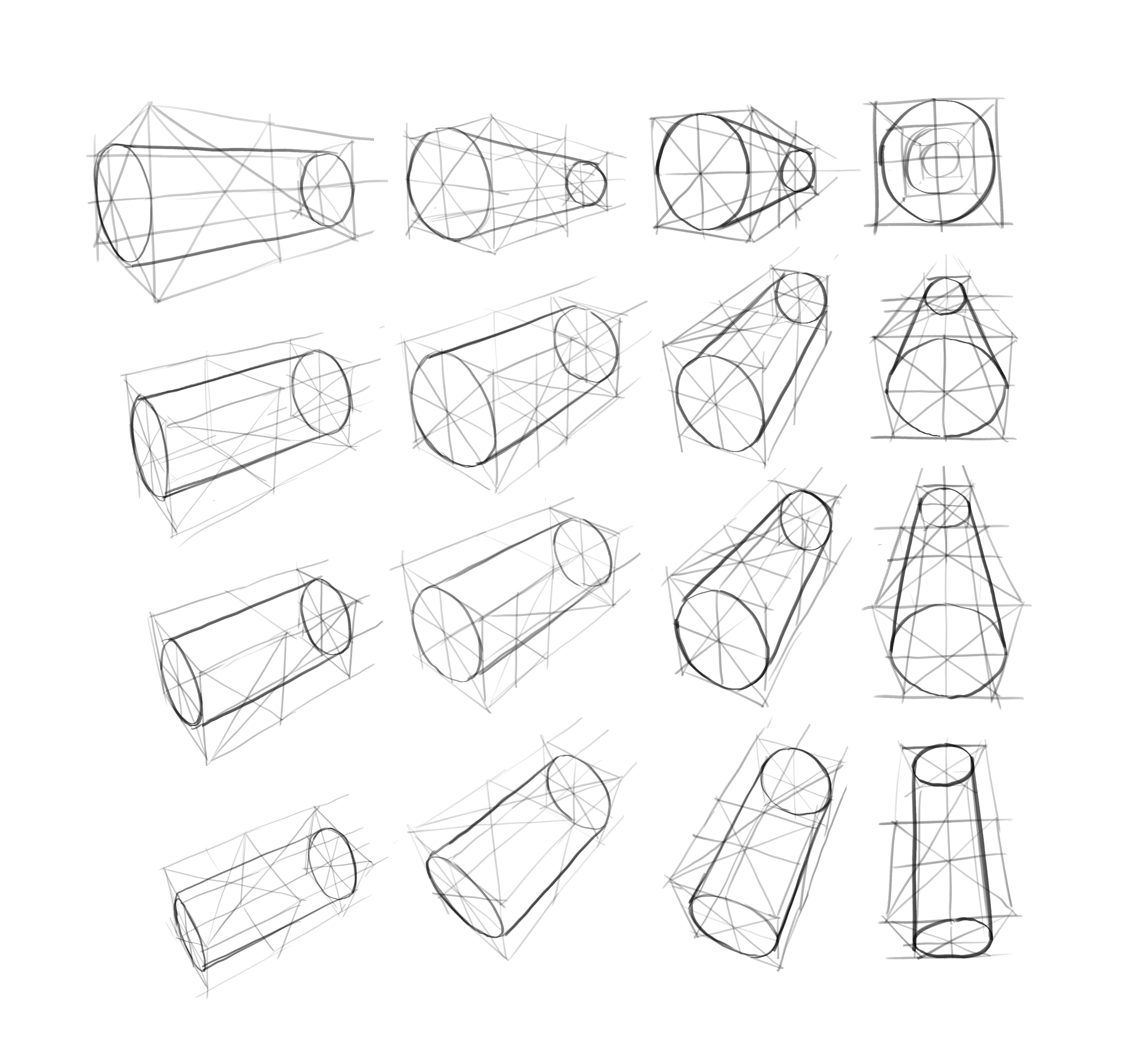 the image shows 20 different perspective line drawings of cylinders.