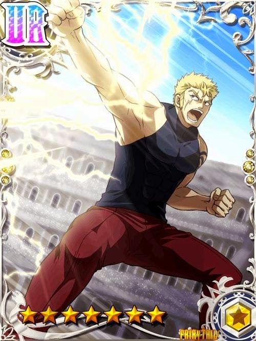 this is an illustration of laxus dreyar from the anime and manga series fairy tail. he is a powerful wizard who uses lightning magic. the image shows him in a fighting pose, with electricity crackling around him. he is wearing a black tank top and red pants and has a determined expression on his face. the background is a bright blue sky with white clouds. the image is filled with dynamic energy and captures laxus's strength and determination.
