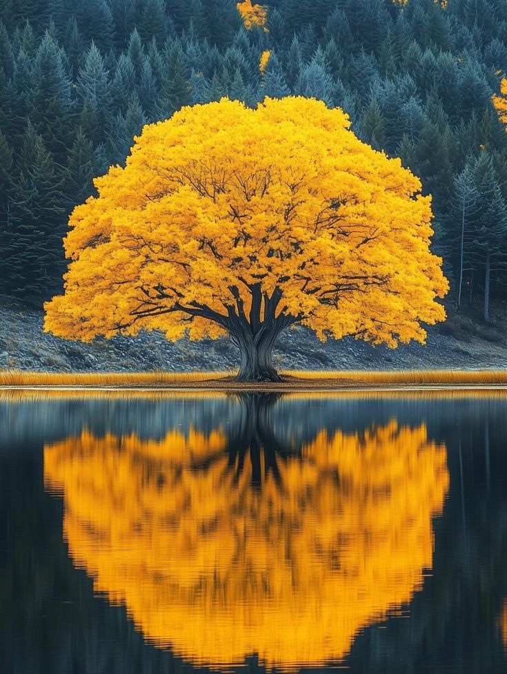 the image shows a single, large tree with bright yellow leaves standing in front of a dark green forest. the tree is reflected in the calm water of a lake. the overall scene is one of autumn or fall, with the contrast between the yellow tree and the dark water and forest creating a striking visual effect.
